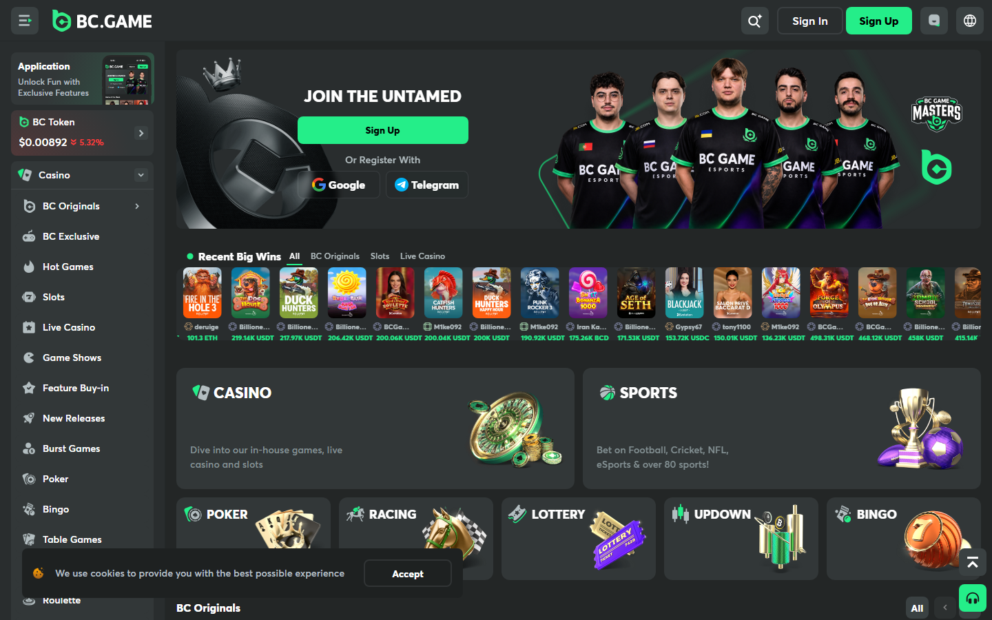 BC.Game homepage screenshot showing the JOIN THE UNTAMED hero with BC.GAME Masters esports team, Recent Big Wins ticker, Casino and Sports product tiles, and game category nav (Poker, Racing, Lottery, Upown, Bingo)