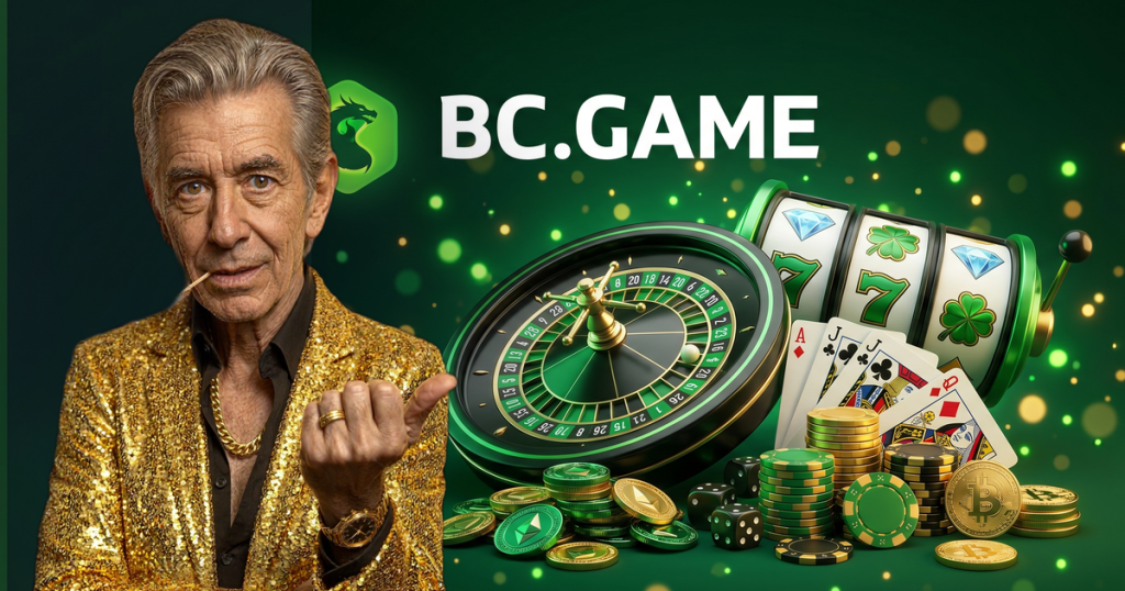 BC.GAME casino review featuring ChipReign character, branded game montage backdrop