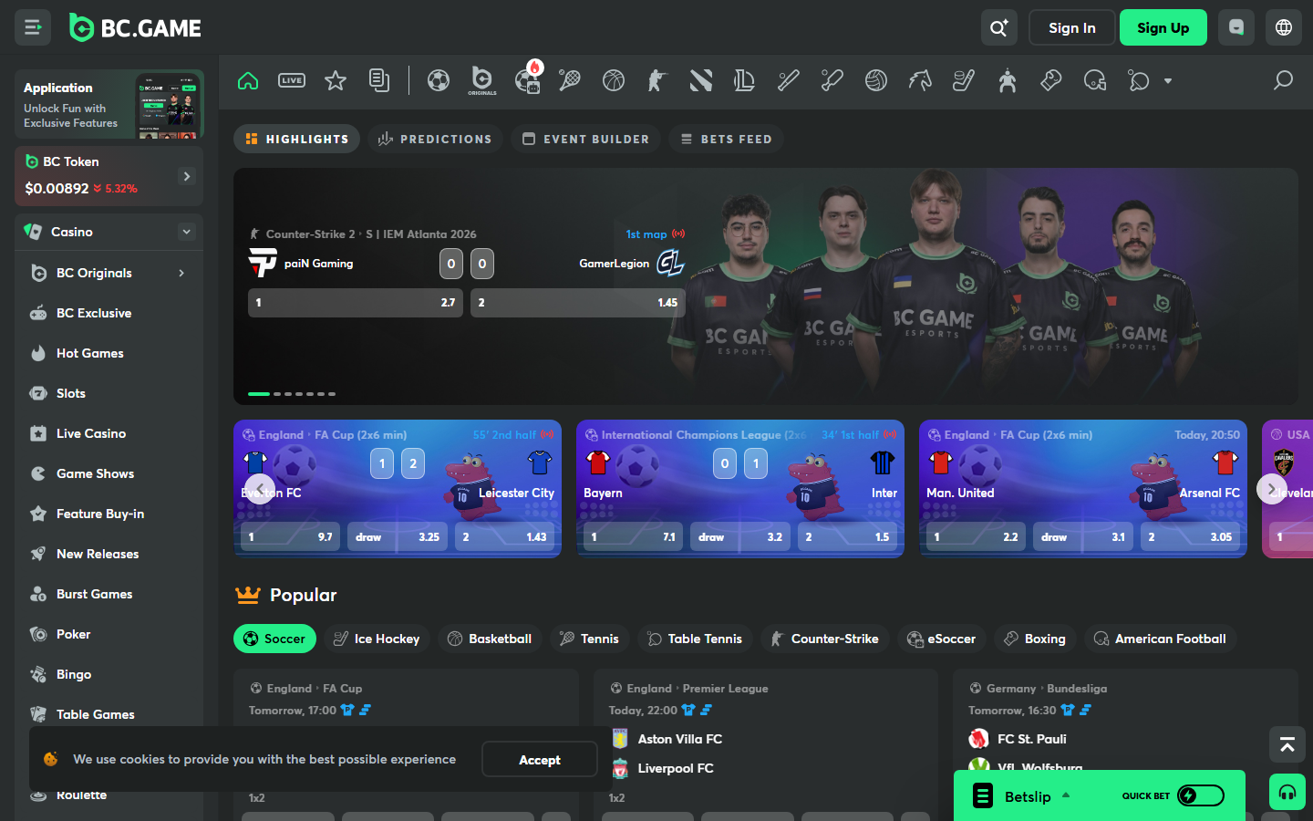 BC.Game sportsbook screenshot showing Highlights, Predictions, Event Builder and Bets Feed tabs, the BC.GAME Masters esports promo, and Popular sport markets including Soccer, Ice Hockey, Basketball, Tennis, Counter-Strike, eSoccer, and Boxing