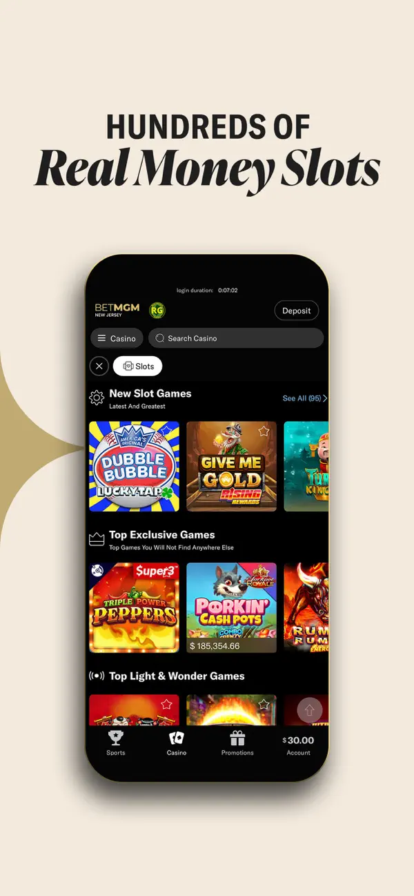 BetMGM Casino app slot lobby screenshot showing the Real Money Slots category with Dubble Bubble, Give Me Gold, Triple Peppers, Porkin Cash Pots and other exclusive titles