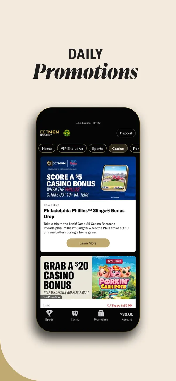 BetMGM Casino app Daily Promotions screenshot showing the Phillies Slingo Bonus Drop and a $20 Casino Bonus weekly promo