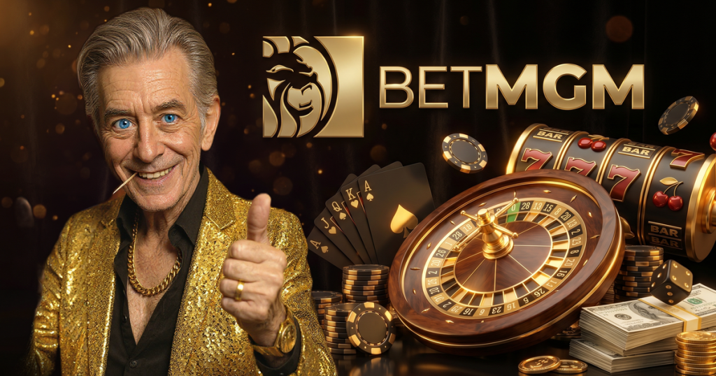 BetMGM casino review featuring ChipReign character, branded game montage backdrop