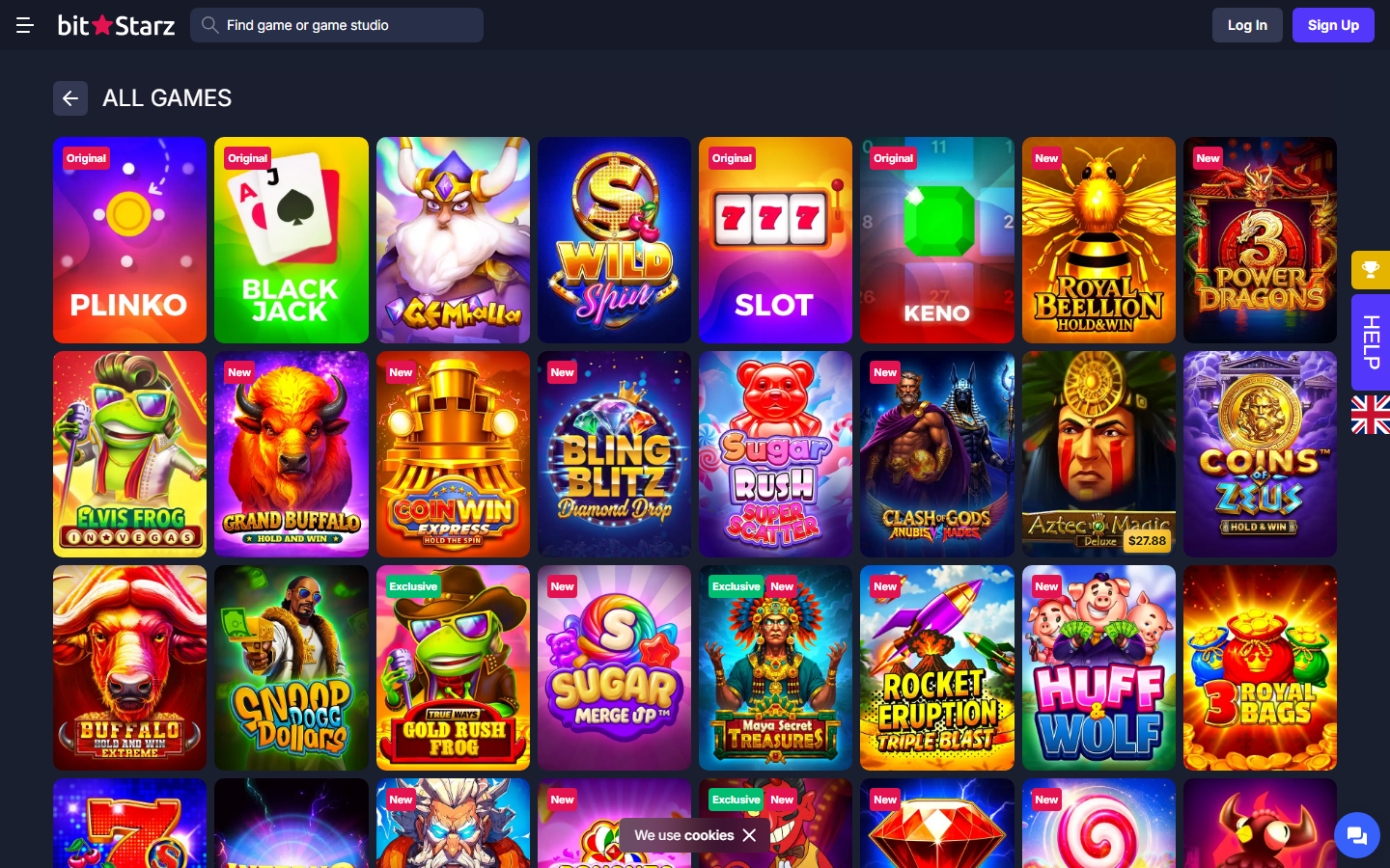 BitStarz Casino ALL GAMES lobby screenshot showing the grid of slot and casino titles including Plinko, Blackjack, Slot, Keno, Royal Beelion, Power Dragons, Elvis Frog, Grand Buffalo, Bling Blitz Diamond Pop and other Original, New, and Exclusive titles