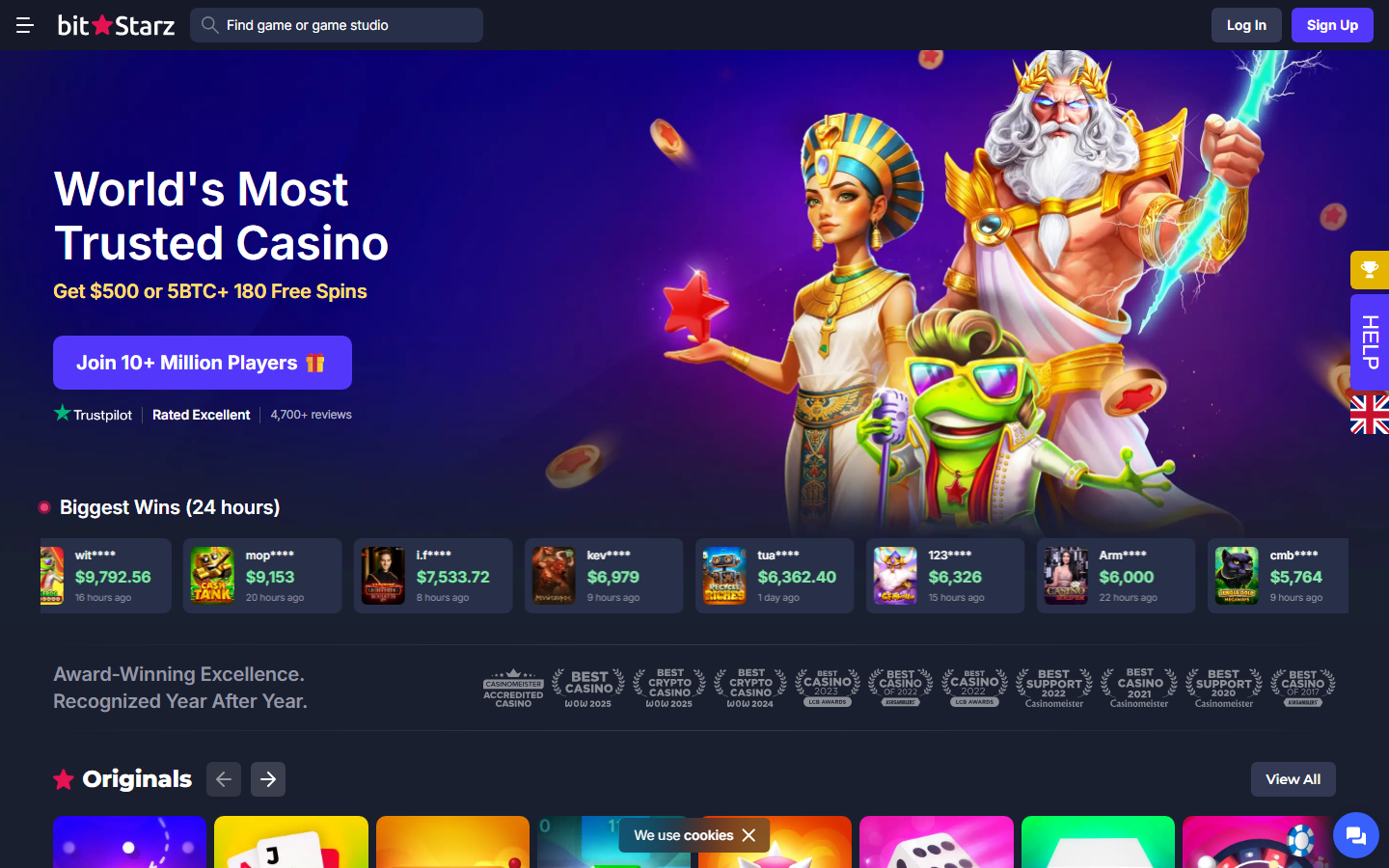 BitStarz Casino homepage screenshot showing the Worlds Most Trusted Casino hero with 500 dollar or 5 BTC plus 180 Free Spins welcome offer, 10 million player social proof, Trustpilot rated Excellent, and Biggest Wins 24 hours ticker