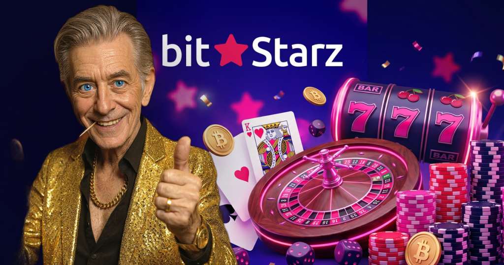 BitStarz casino review featuring ChipReign with thumbs up gesture, BitStarz logo, slot reels, roulette wheel, casino chips and Bitcoin coins on navy and magenta backdrop
