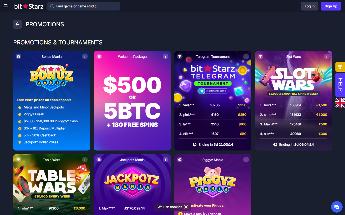 BitStarz Casino Promotions and Tournaments screenshot showing the 500 dollar or 5 BTC plus 180 Free Spins Welcome Package, Bonuz, Telegram Tournament, Slot Wars, Table Wars, Jackpotz, and Piggyz Mania ongoing promos