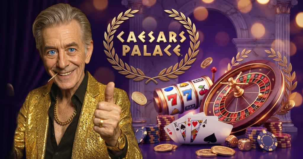 CAESARS PALACE casino review featuring ChipReign character, branded game montage backdrop