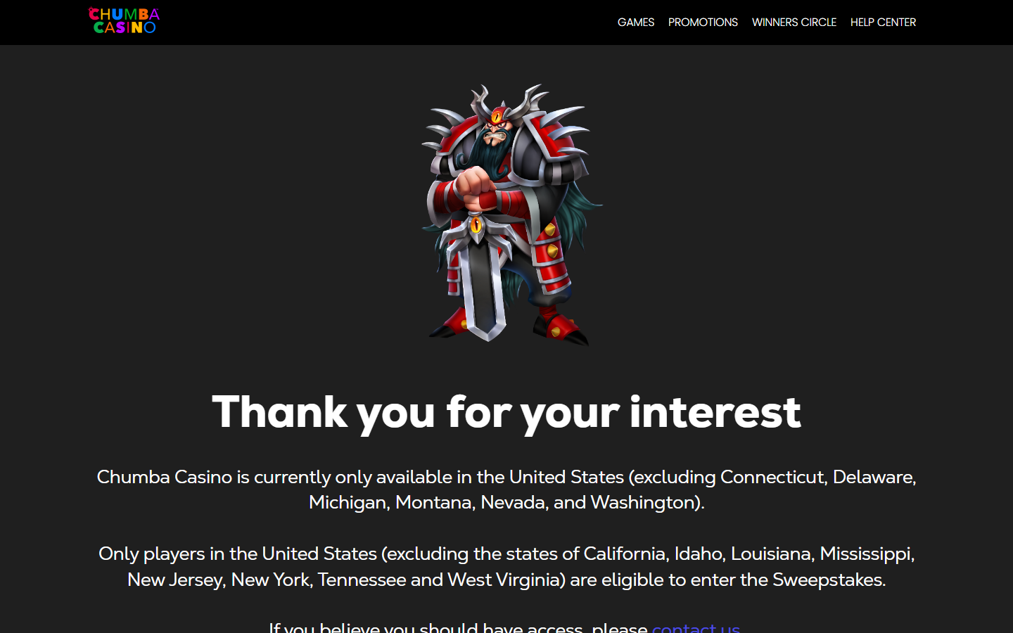 Chumba Casino state restriction screenshot showing the operator only available in United States excluding Connecticut Delaware Michigan Montana Nevada Washington, with Sweepstakes ineligible in California Idaho Louisiana Mississippi New Jersey New York Tennessee West Virginia