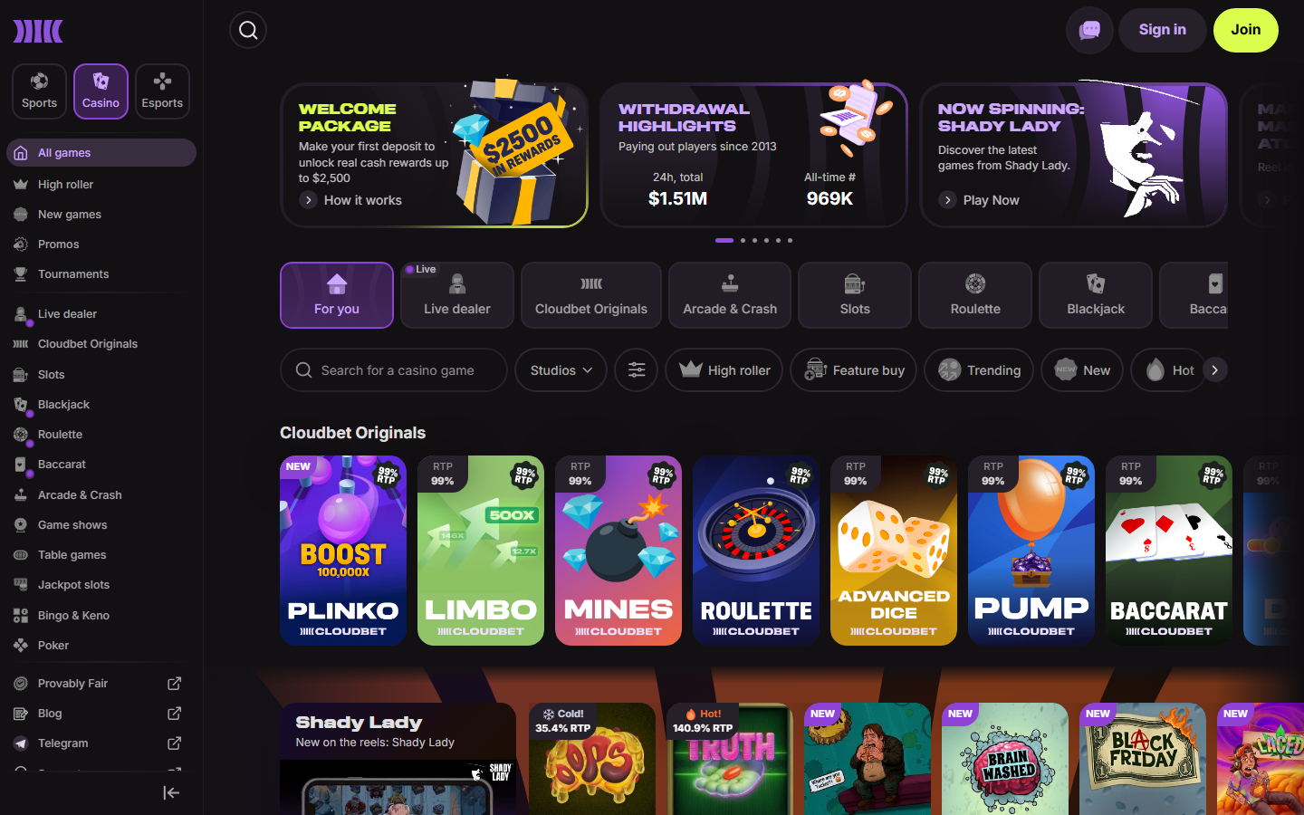 Cloudbet casino lobby screenshot showing the 2500 dollar Welcome Package hero, Withdrawal Highlights 1.5M payouts, and the Cloudbet Originals tile grid including Plinko, Limbo, Mines, Roulette, Advanced Dice, Pump, and Baccarat