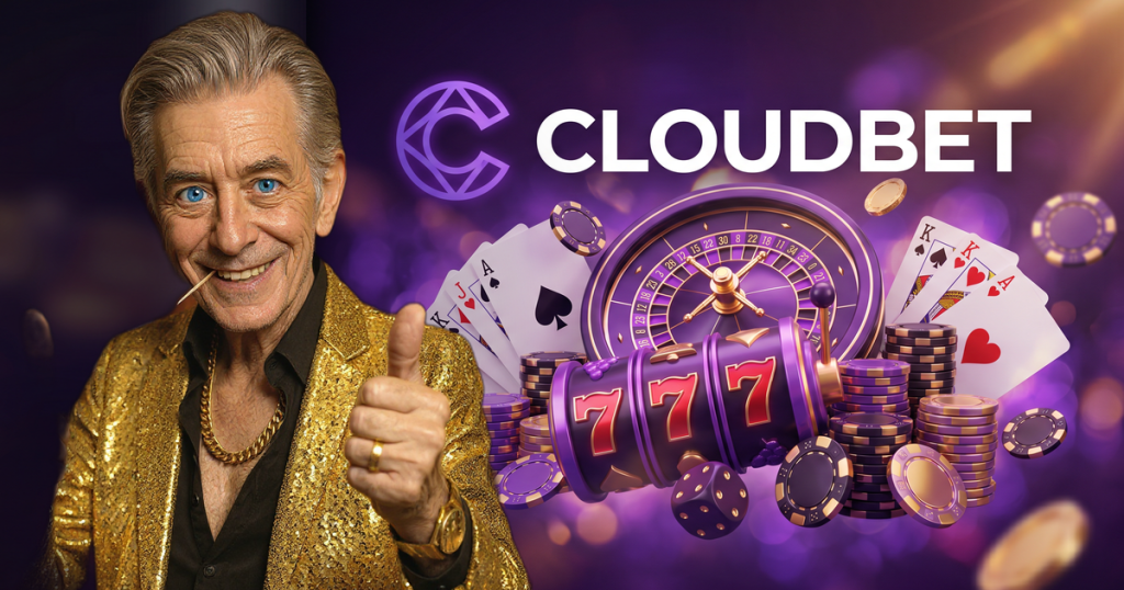 CLOUDBET casino review featuring ChipReign character, branded game montage backdrop