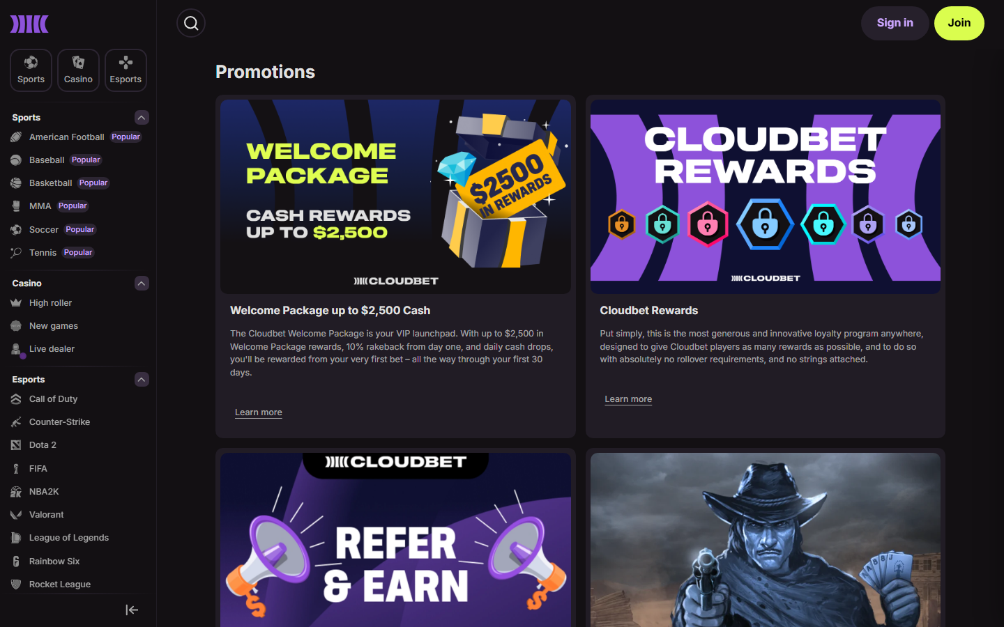 Cloudbet Promotions page screenshot showing the Welcome Package Cash Rewards up to 2500 dollars, Cloudbet Rewards loyalty programme, and Refer and Earn promo tiles