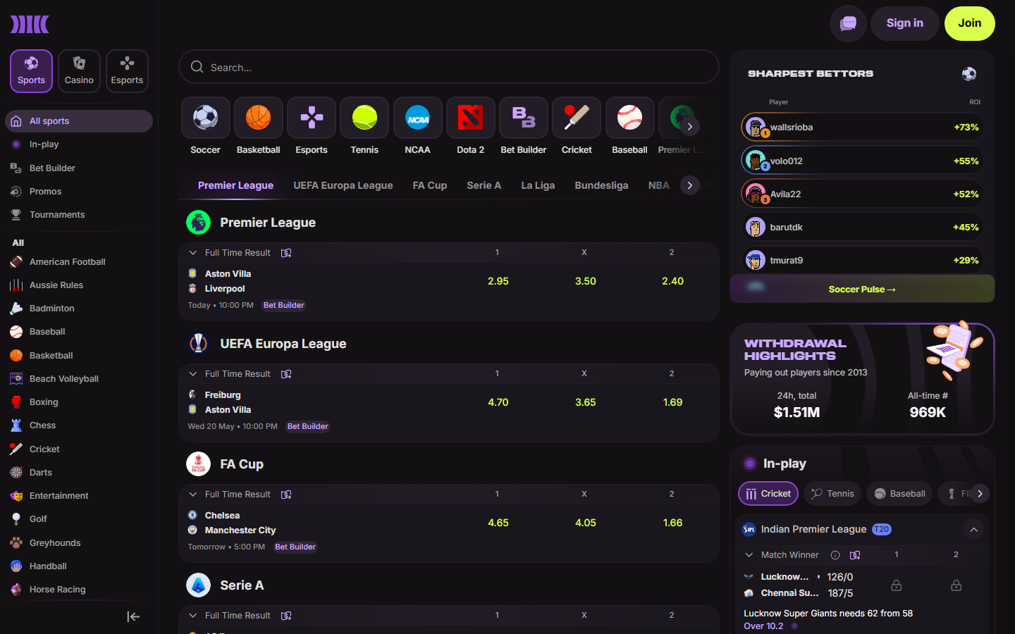 Cloudbet sportsbook screenshot showing Premier League, UEFA Europa League, FA Cup, La Liga, Bundesliga and Serie A football markets with three-way moneyline odds and an in-play widget
