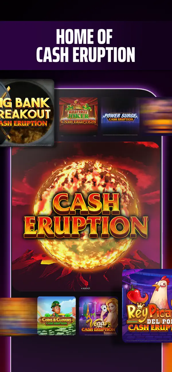 DraftKings Casino app screenshot showing HOME OF CASH ERUPTION exclusive slot marketing with adjacent Big Bang Breakout slot tiles