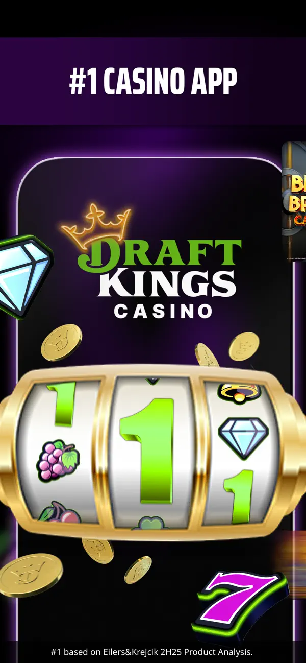 DraftKings Casino app screenshot showing #1 CASINO APP marketing with a slot reel display, DraftKings Casino branding, and Big Bonus tile preview