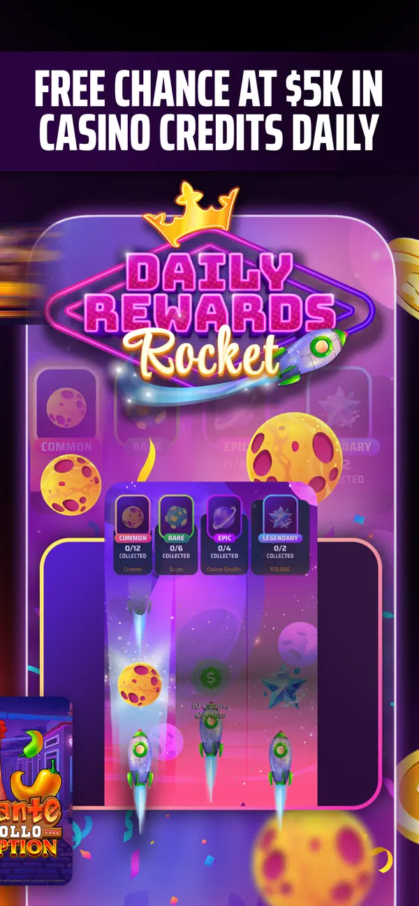 DraftKings Casino app screenshot showing FREE CHANCE AT 5K IN CASINO CREDITS DAILY Rewards Rocket gamification game with grid of planets and prize slots