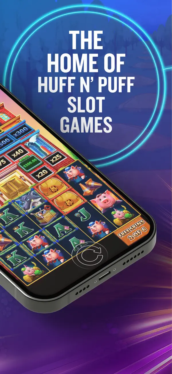 FanDuel Casino app slot lobby screenshot showing THE HOME OF HUFF N PUFF SLOT GAMES marketing with the Huff N Puff slot grid visible on phone