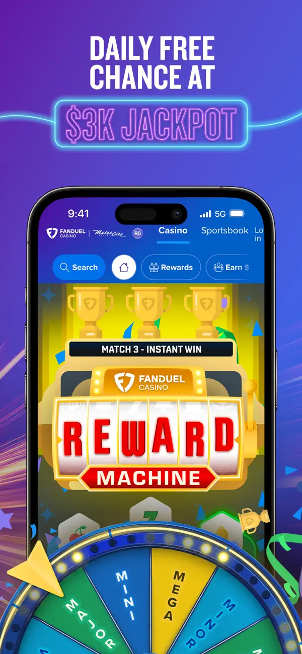 FanDuel Casino app screenshot showing Daily Free Chance At 3K Jackpot Reward Machine wheel with Match 3 Instant Win mechanic visible on phone