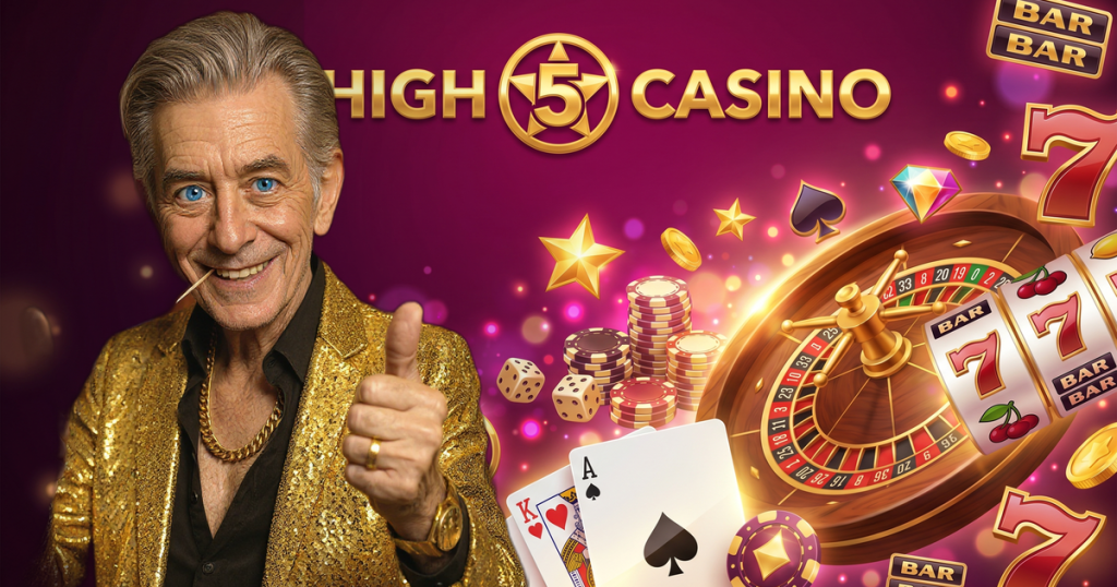 HIGH 5 CASINO casino review featuring ChipReign character, branded game montage backdrop