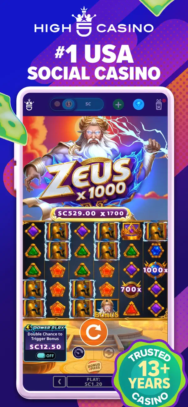 High 5 Casino lobby featuring Zeus x1000 slot with USA social casino branding