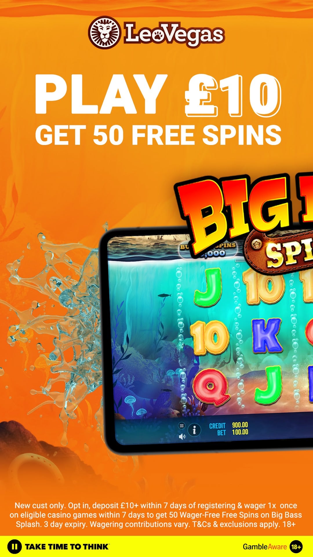 LeoVegas Casino welcome offer screenshot showing PLAY 10 pounds GET 50 FREE SPINS promotion with Big Bass Splash slot game, 3 day expiry, 1x wagering, 18+ TAKE TIME TO THINK and GambleAware footer