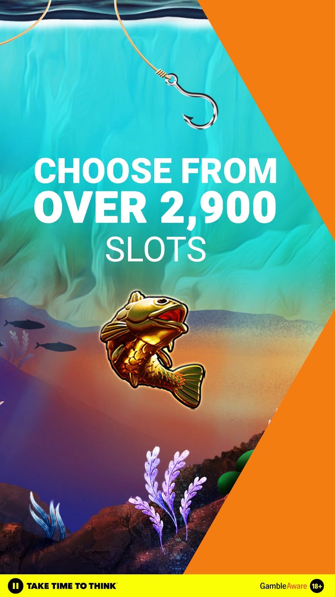 LeoVegas slot library marketing screenshot showing CHOOSE FROM OVER 2,900 SLOTS with bass fish illustration and TAKE TIME TO THINK responsible gambling footer