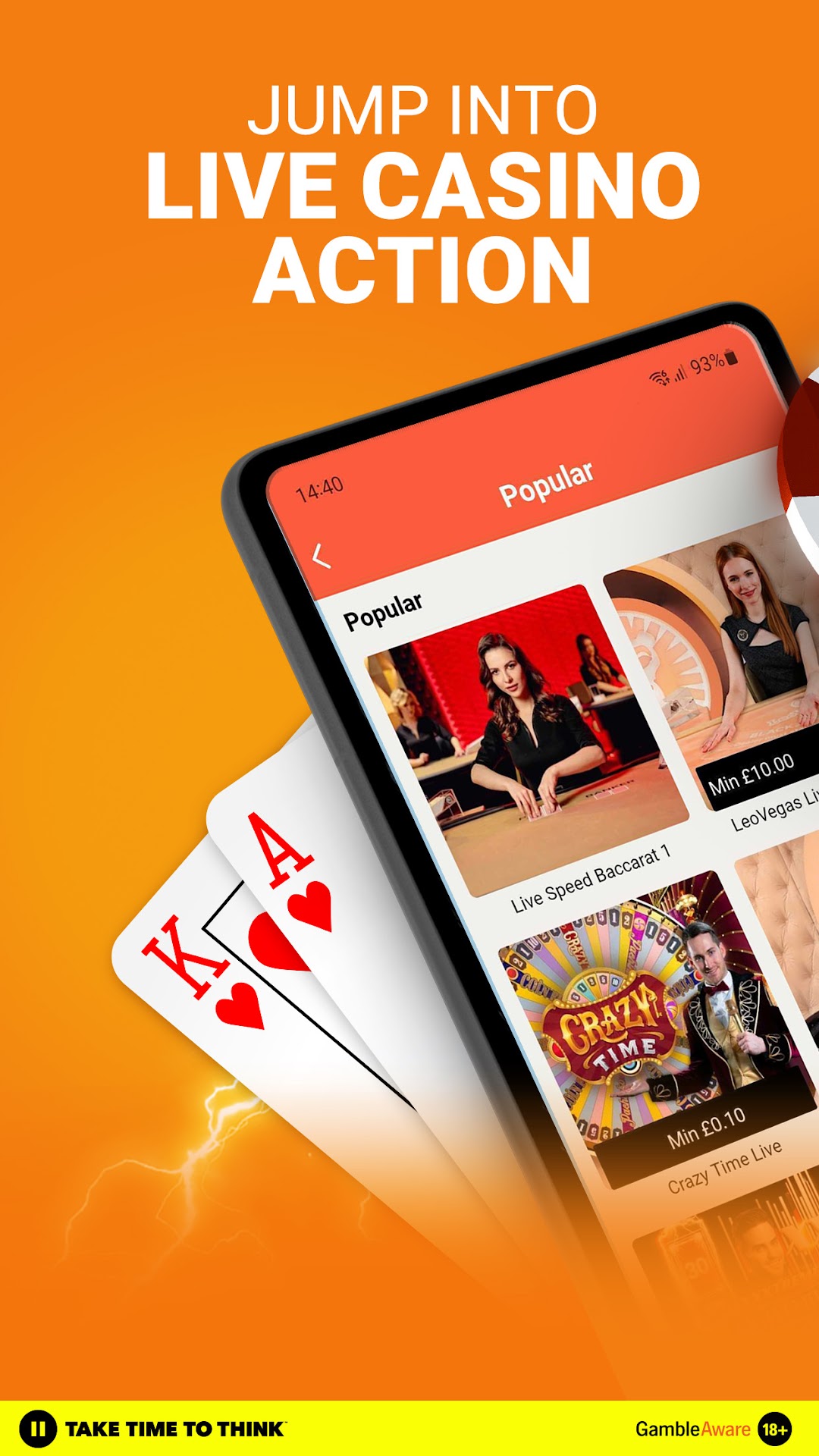 LeoVegas live casino app screenshot showing JUMP INTO LIVE CASINO ACTION marketing with Popular tab open displaying Live Speed Baccarat 1 and Crazy Time Live tables from Evolution with minimum stake labels