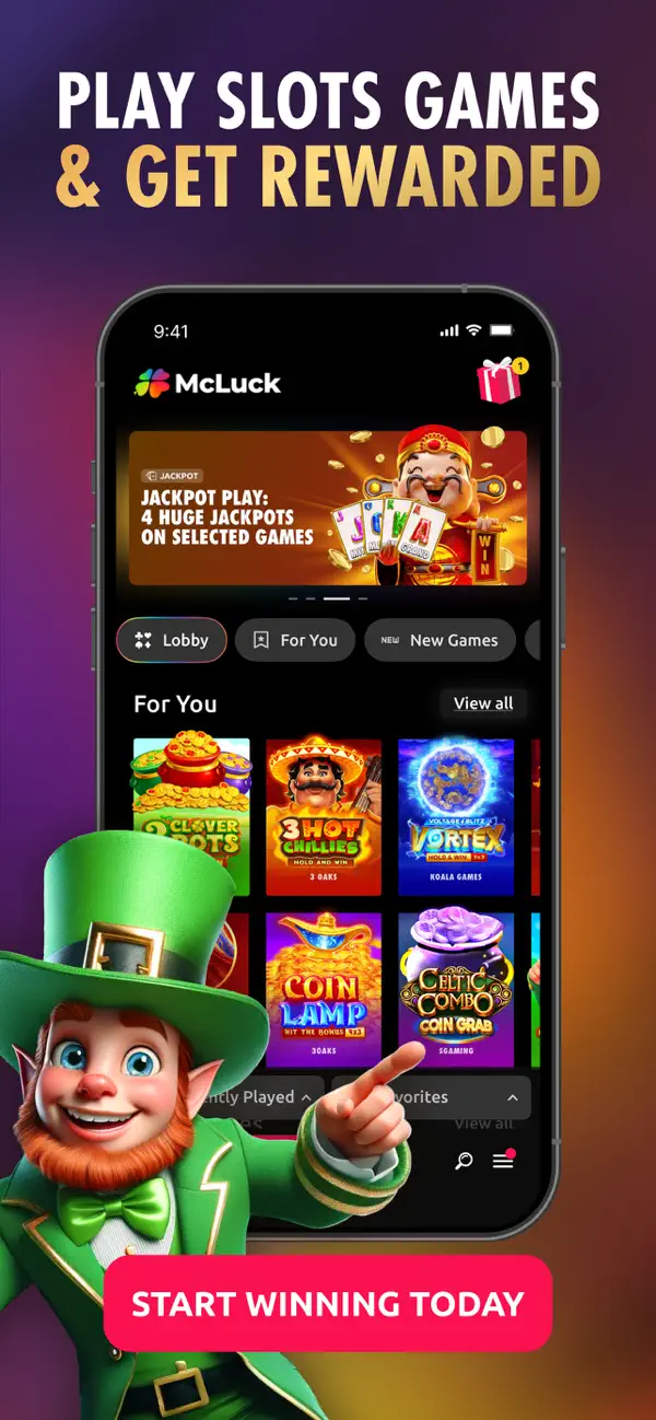 McLuck Casino mobile lobby with leprechaun mascot and game tiles
