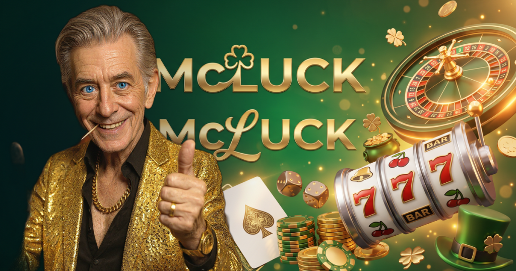 McLUCK casino review featuring ChipReign character, branded game montage backdrop