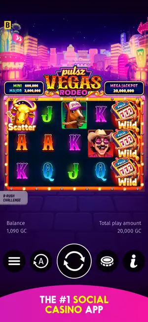 Pulsz Vegas Rodeo slot game running inside the iOS app
