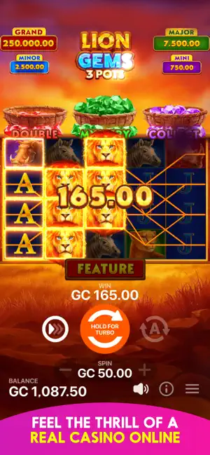 Pulsz Lion Gems 3 Pots slot game with feature trigger visible