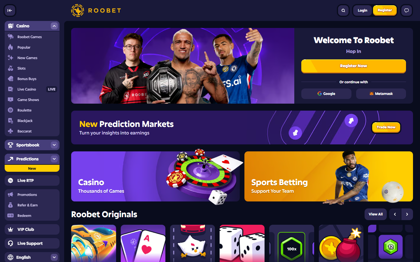 Roobet homepage screenshot showing the Welcome To Roobet hero with sponsored streamers including Snoop Dogg branded section, New Prediction Markets call-to-action, Casino and Sports Betting product tiles, and Roobet Originals row