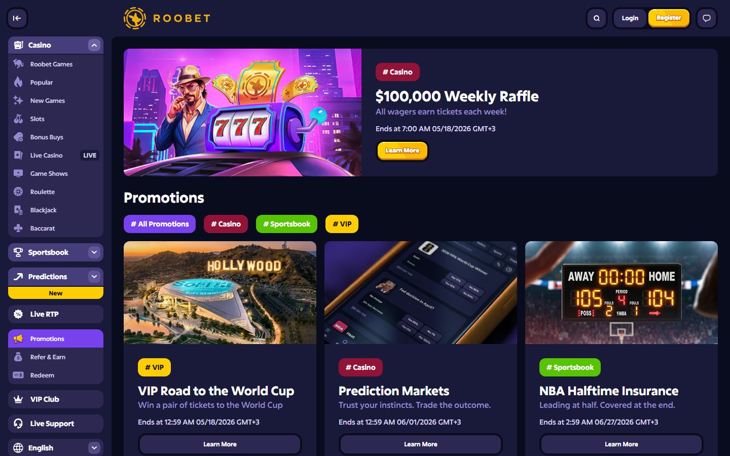 Roobet promotions page screenshot showing 100,000 dollar weekly raffle hero, VIP Road to the World Cup promo, Prediction Markets, and NBA Halftime Insurance promo tiles