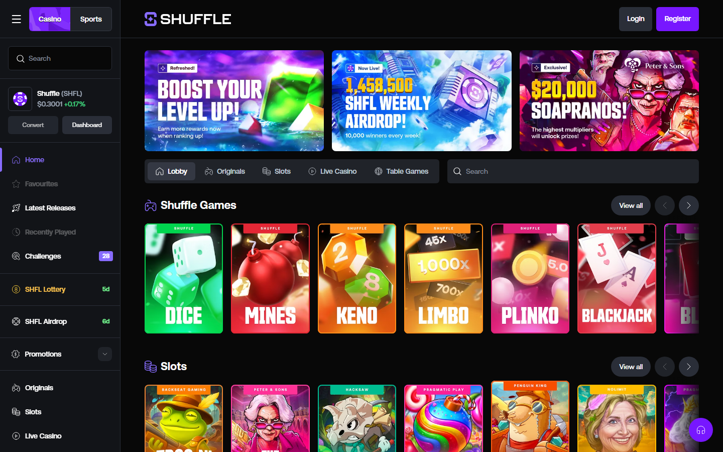Shuffle.com casino homepage screenshot showing the Shuffle Games tile row with Dice, Mines, Keno, Limbo, Plinko, Blackjack originals, plus Boost Your Level Up, SHFL Weekly Airdrop, and 20K Soaprands promo tiles, and the SHFL token price ticker in the left sidebar