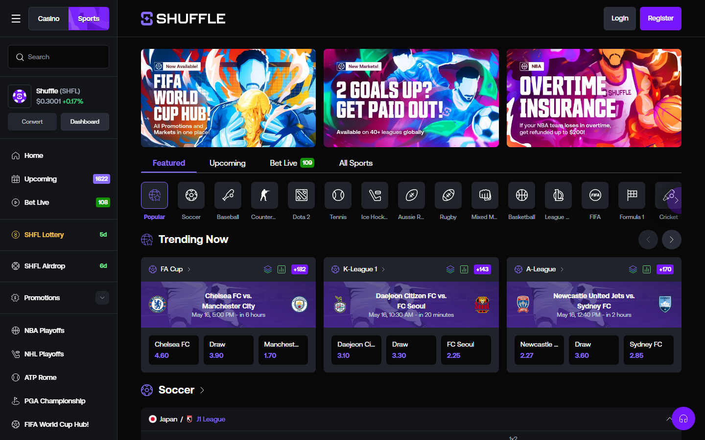 Shuffle.com sportsbook screenshot showing FIFA World Cup Up promo, 2 Goals Up Get Paid Out promo, Overtime Insurance promo, Featured Upcoming Bet Live All Sports tabs, Soccer category with Chelsea vs Man Utd and Liverpool vs FC Porto trending markets