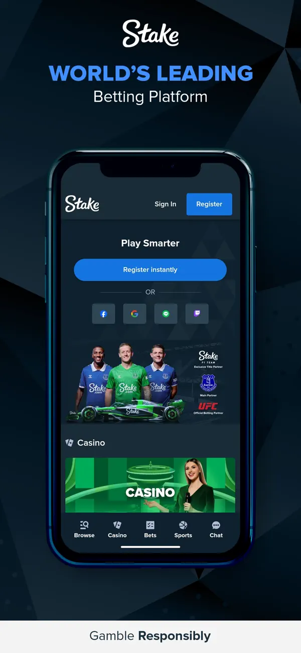 Stake.com app screenshot showing WORLDS LEADING Betting Platform marketing with Sign In and Register options, Stake F1 Team Kick Sauber, Everton FC and UFC sponsorship logos, and a Casino tile preview