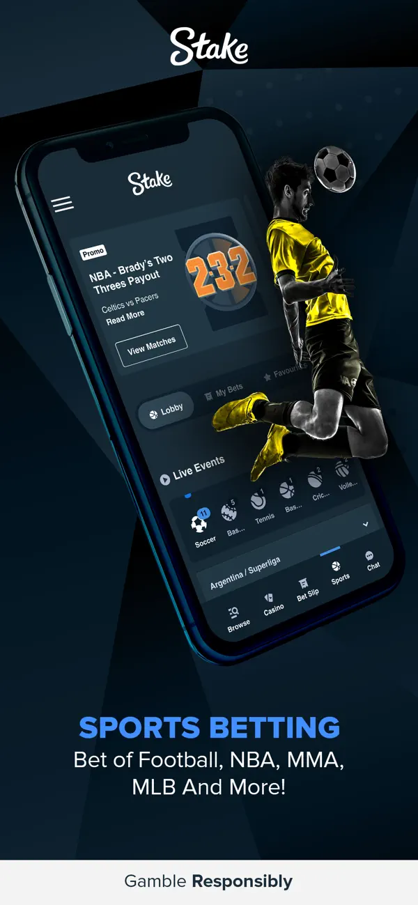 Stake.com app screenshot showing SPORTS BETTING - Bet on Football, NBA, MMA, MLB And More marketing with NBA Bradys Two Game Players prop and live events feed