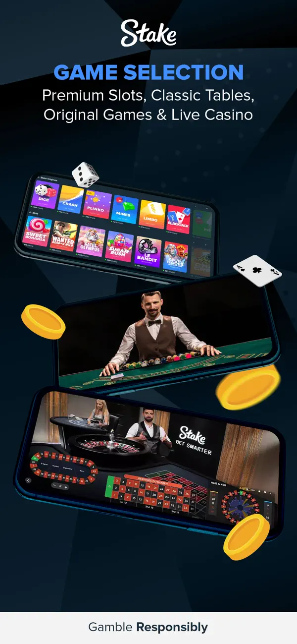 Stake.com app screenshot showing GAME SELECTION - Premium Slots, Classic Tables, Original Games and Live Casino with slot grid, live blackjack table, and live roulette previews