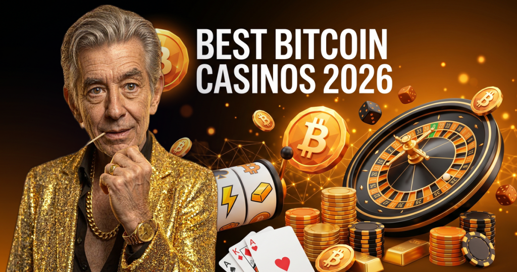 BEST BITCOIN CASINOS 2026 casino review featuring ChipReign character, branded game montage backdrop