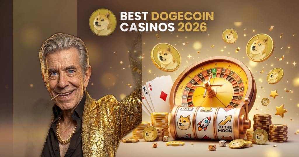 BEST DOGECOIN CASINOS 2026 casino review featuring ChipReign character, branded game montage backdrop