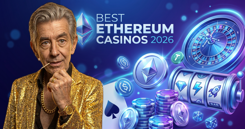 BEST ETHEREUM CASINOS 2026 casino review featuring ChipReign character, branded game montage backdrop