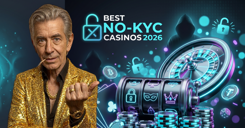 BEST NO-KYC CASINOS 2026 casino review featuring ChipReign character, branded game montage backdrop