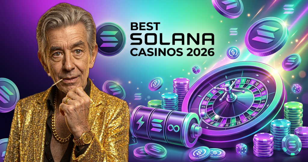 BEST SOLANA CASINOS 2026 casino review featuring ChipReign character, branded game montage backdrop