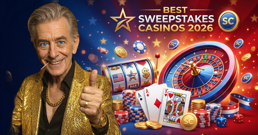 BEST SWEEPSTAKES CASINOS 2026 casino review featuring ChipReign character, branded game montage backdrop