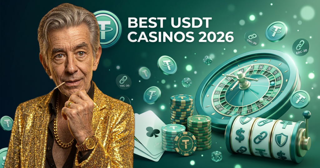 BEST USDT CASINOS 2026 casino review featuring ChipReign character, branded game montage backdrop