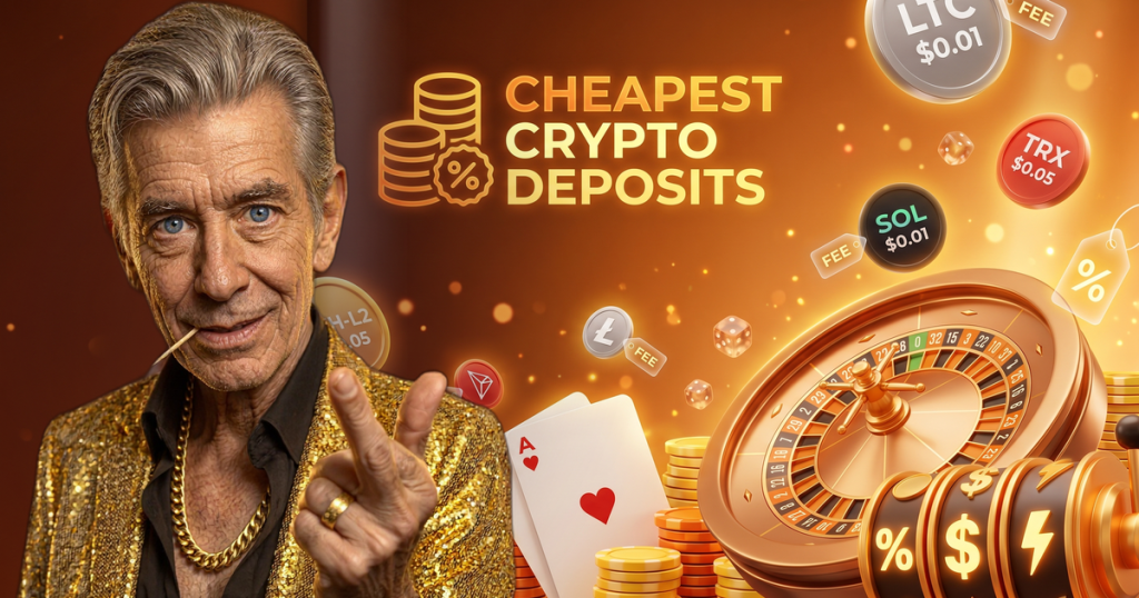 CHEAPEST CRYPTO DEPOSITS casino review featuring ChipReign character, branded game montage backdrop
