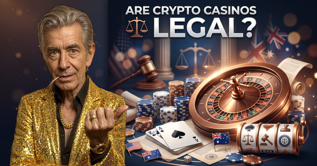 ARE CRYPTO CASINOS LEGAL? casino review featuring ChipReign character, branded game montage backdrop