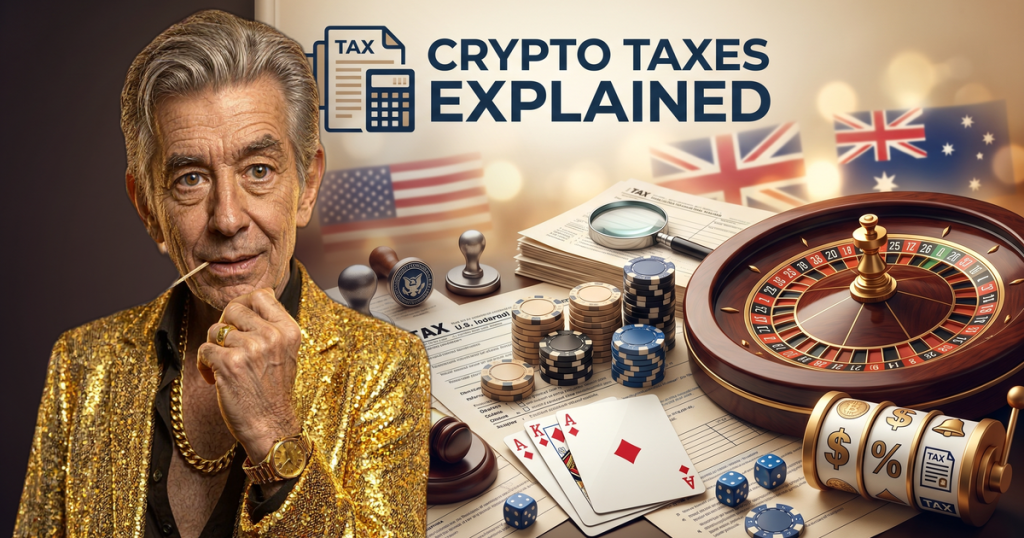 CRYPTO TAXES EXPLAINED casino review featuring ChipReign character, branded game montage backdrop