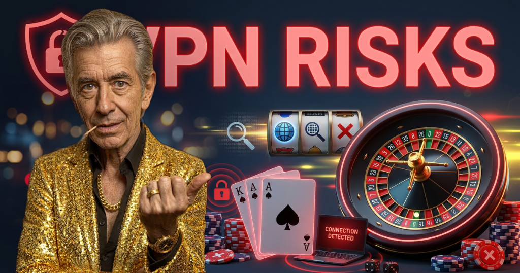 VPN RISKS casino review featuring ChipReign character, branded game montage backdrop