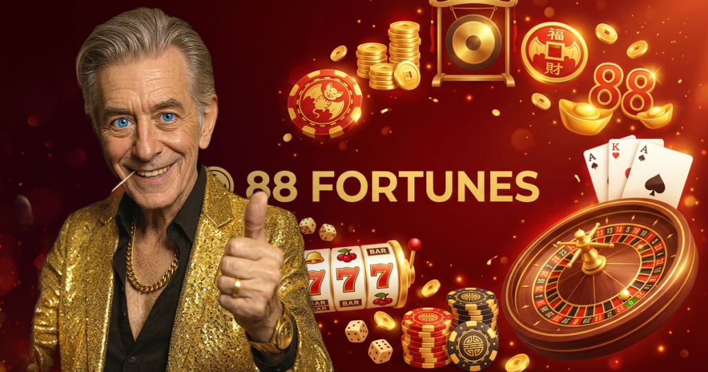 88 FORTUNES casino review featuring ChipReign character, branded game montage backdrop
