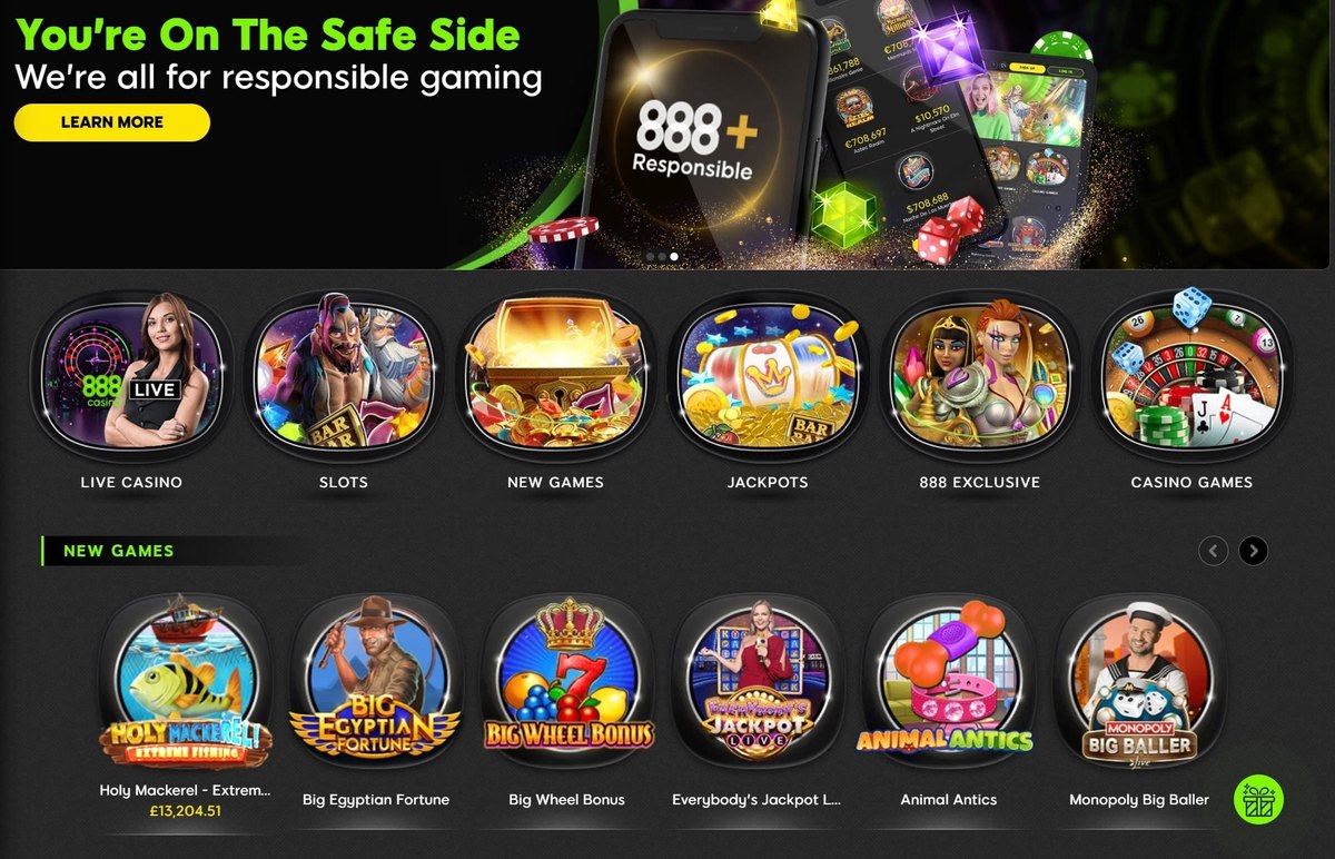 888casino lobby with responsible gaming banner and game categories